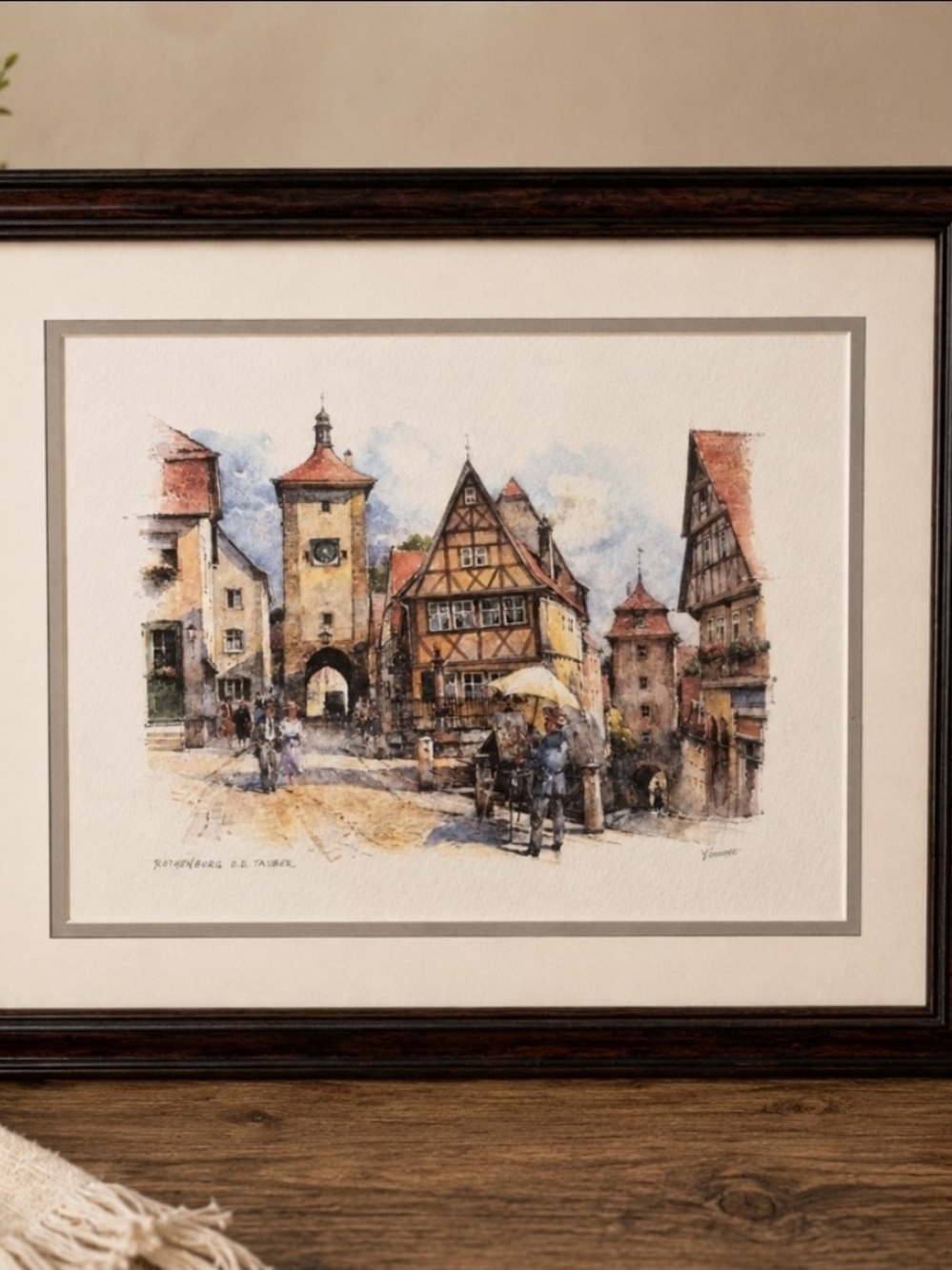 Framed Rothenburg ob der Tauber Germany Watercolor Print Signed Nitschke Vintage